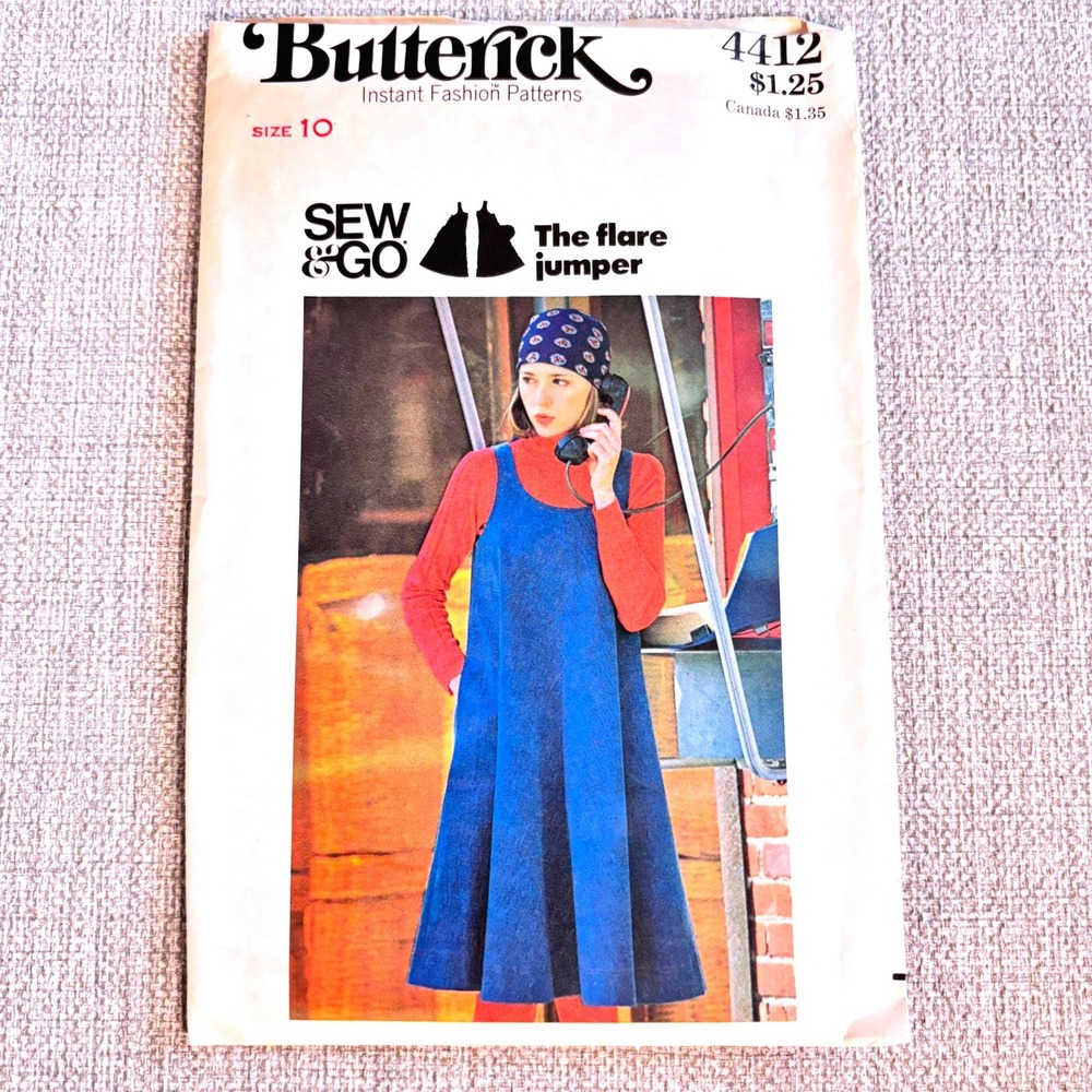 Butterick 4412 Sew & Go 70s Mod Flare Jumper Dress S10 Pinafore Instant Fashion